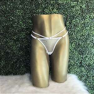 CALCINHA FIO DENTAL LUXO BRANCA TULE ESTRELAS COM PINGENTE DOURADO