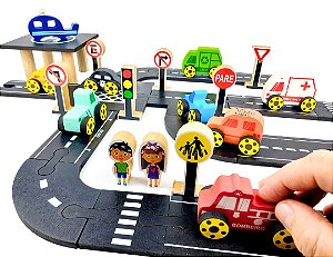 Brinquedo Pista Carrinho Infantil Educativo Madeira Cidade