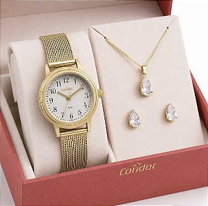 Kit Relógio Condor Feminino Dourado Delicado Analógico Condor Original Pulseira Mesh Aço Inox Mostrador Branco Pequeno 25mm Prova D’Água 50m Kit Colar Brincos