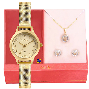 Kit Relógio Feminino Condor Dourado Delicado Pulseira Mesh com Kit Semijoia