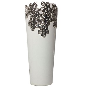 Vaso Decorativo Branco/Prata com Flores 27,5cm - FREECOM
