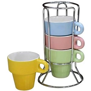 Jogo de 4 Xícaras Colors Pastel para Chá com Suporte 210ml