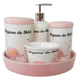 Kit Higiene Elefante Infantil em Porcelana 5 Peças Rosa