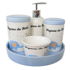 Kit Higiene Elefante Infantil em Porcelana 5 Peças Azul