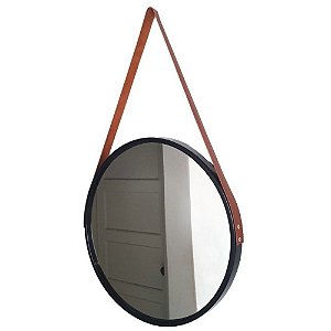Espelho Redondo Decorativo Preto com Alça Marrom 60cm - FWB