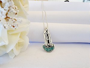 Colar de Nossa Senhora de Fátima na Nuvem na pedra bruta natural amazonita azul prata 925