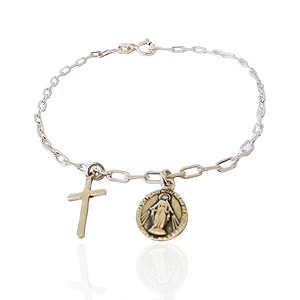 Pulseira de Nossa Senhora das Graças com cruz Prata925 com oxidação na corrente cartier.