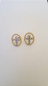 Brinco Cruz com Zircônia Branca Folheado Ouro 18k