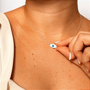 Cordão olho grego madrepérola navete banhado a prata