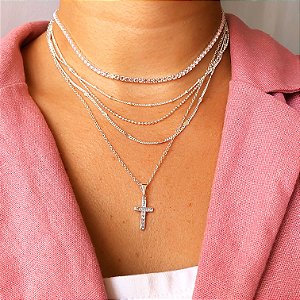 Cordão cruz cravejada 45cm banhado a prata