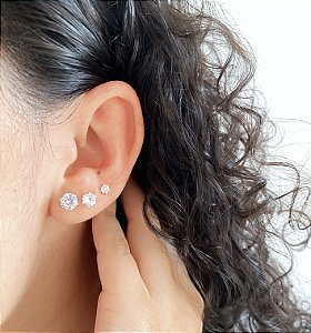 Trio de brincos ponto de luz zircônia banhado a prata