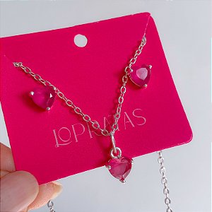 Conjunto coração vermelho inspiração pandora banhado a prata