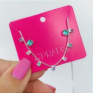 Conjunto pedrinhas coloridas banhado a prata