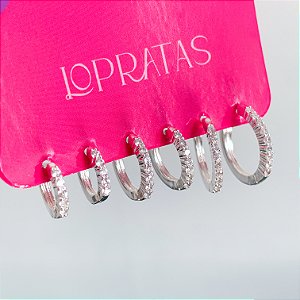 Trio de argolas click fina cravejada banhado a prata