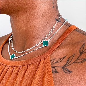 Cordão Virginia trevo verde banhado a prata
