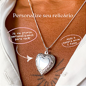 Cordão relicário coração borda 50cm detalhes banhado a prata