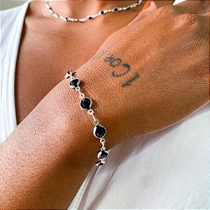 Pulseira pedras ônix grande banhado a prata