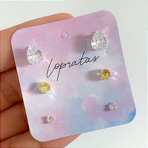 Trio de brincos zircônia gota Amarelo banhado a prata