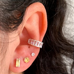 Trio de brincos zircônia retangular Amarelo banhado a prata