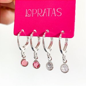 Kit de argolas click pingentes ponto de luz rosa banhado a prata