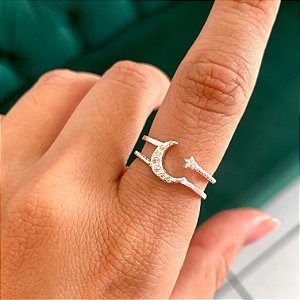 Anel duplo regulável lua banhado a prata