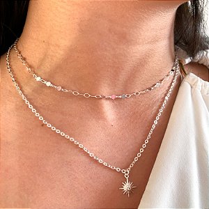 Conjunto medalinhas estrela cadente banhado a prata