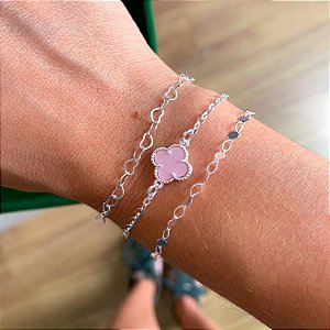 Conjunto de pulseiras 3un trevo rosa banhado a prata