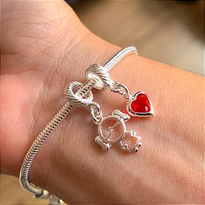 Kit de berloques filha coração vermelho banhado a prata