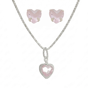 Conjunto ponto de luz zircônia Rosa bebê em Prata 925