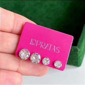 Kit de brincos zircônia redonda ponto de luz Prata 925