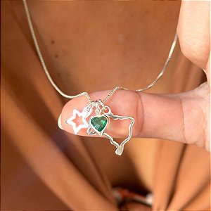 Cordão patuá meu País Brasil 50cm banhado a prata