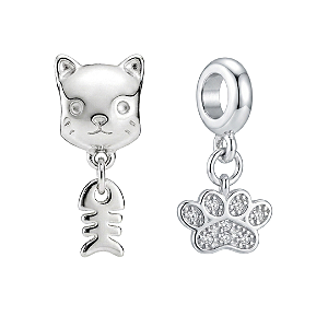 Kit de berloques pet patinha e gatinho banhado a prata