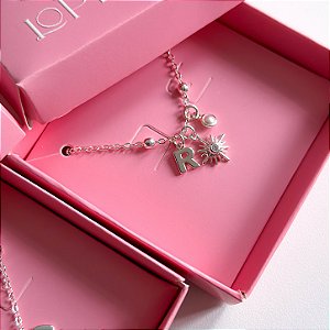 Cordão patuá charms personalizado 45cm corrente elos bolinhas banhado a prata