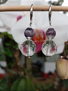 Brinco ametista/cristal transparente facetado