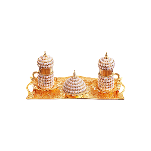 Conjunto de Chá Decorado com Pérolas -  Dourado 4 peças