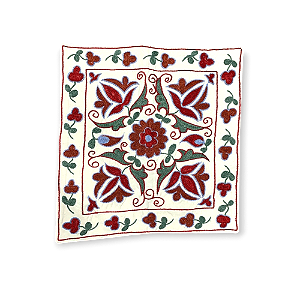 Capa para Almofada Bordada à Mão Suzani - Flores Vermelhas e Verdes