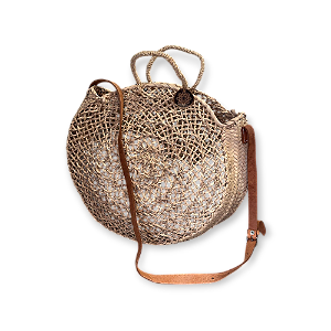 BOLSA MARROQUINA PALHA DE TAMAREIRA COM ALÇA EM COURO - REDONDA MACRAME