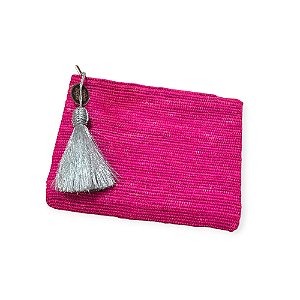 BOLSA CARTEIRA MARROQUINA EM RÁFIA ROSA COM TASSEL COLORIDO (26X34)