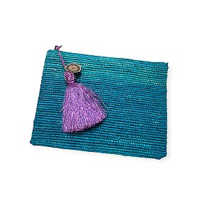 BOLSA CARTEIRA MARROQUINA EM RÁFIA TURQUESA COM TASSEL COLORIDO (26X34)