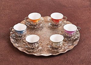 Conjunto de Café Prateado com 6 Xícaras de Porcelana Coloridas