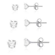Trio de Brincos de Prata 925 Zircônia Coração