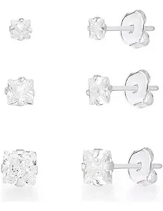 Trio de Brincos de Prata 925 Zircônia Quadrada