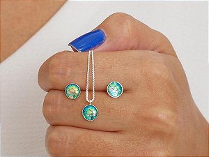 Conjunto Escama da Sereia Verde - Corrente 45cm Prata 925