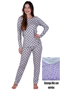 Pijama feminino longo - Lilás com estrelas