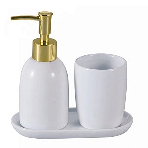 Kit Conjunto Banheiro Branco Ceramica 3 peças Dourado Lyor