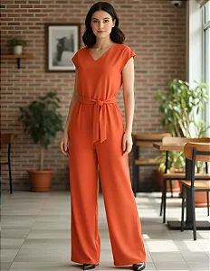 Macacão Feminino Alfaiataria Pantalona Cinto Ajuste Decote V