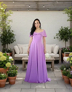 Vestido Longo Lavanda Ombro a Ombro Decote Laço
