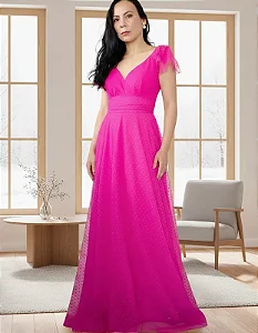 Vestido Longo Festa Babado em Tule para Convidadas, Casamento, Madrinha