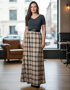 Saia Maxi Midi Longa Xadrez Em Viscose Estilo Boho