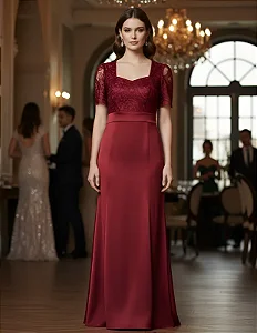Vestido Longo Decote Madrinha Renda Marsala E Manga